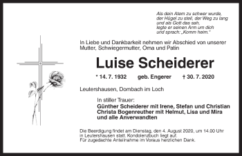 Traueranzeige von Luise Scheiderer von Ansbach