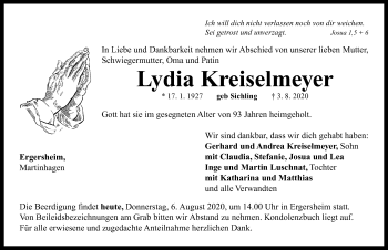 Traueranzeige von Lydia Kreiselmeyer von Neustadt/ Scheinfeld/ Uffenheim