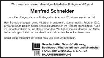 Traueranzeige von Manfred Schneider von Dinkelsbühl/ Feuchtwangen