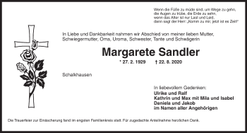 Traueranzeige von Margarete Sandler von Ansbach