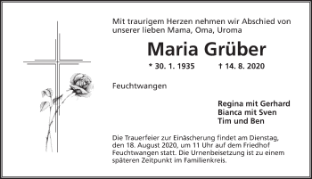 Traueranzeige von Maria Grüber von Dinkelsbühl/ Feuchtwangen