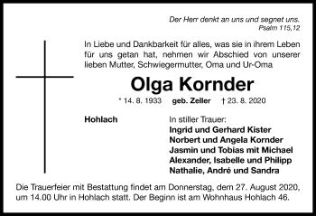 Traueranzeige von Olga Kornder von Neustadt/ Scheinfeld/ Uffenheim