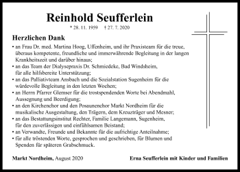 Traueranzeige von Reinhold Seufferlein von Neustadt/ Scheinfeld/ Uffenheim