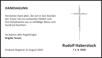 Traueranzeige von Rudolf Haberstock von Ansbach