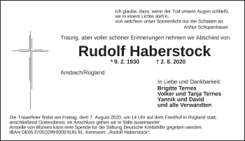 Traueranzeige von Rudolf Haberstock von Ansbach
