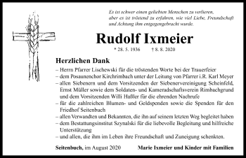 Traueranzeige von Rudolf Ixmeier von Neustadt/ Scheinfeld/ Uffenheim