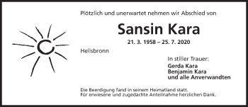 Traueranzeige von Sansin Kara von Ansbach