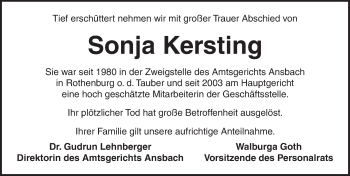 Traueranzeige von Sonja Kersting von Ansbach