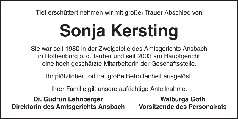  Traueranzeige für Sonja Kersting vom 31.08.2020 aus Ansbach