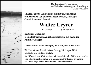 Traueranzeige von Walter Leyrer von Rothenburg