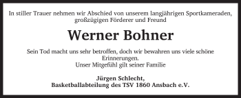 Traueranzeige von Werner Bohner von Ansbach
