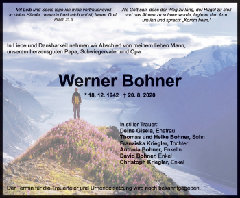 Traueranzeige von Werner Bohner von Ansbach
