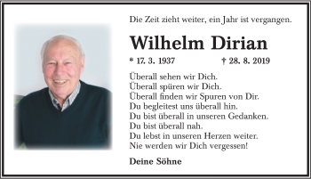 Traueranzeige von Wilhelm Dirian von Dinkelsbühl/ Feuchtwangen