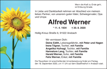Traueranzeige von Alfred Werner von Ansbach