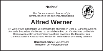 Traueranzeige von Alfred Werner von Ansbach