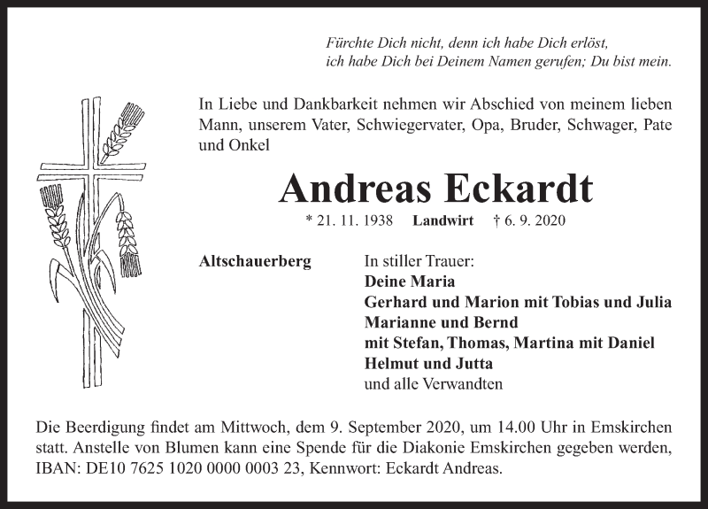  Traueranzeige für Andreas Eckardt vom 08.09.2020 aus Neustadt/ Scheinfeld/ Uffenheim