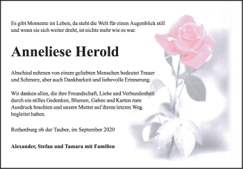 Traueranzeige von Anneliese Herold von Rothenburg