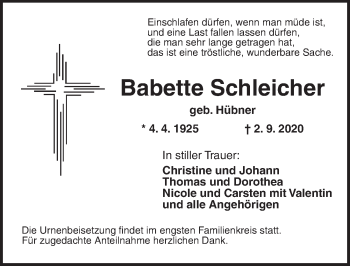 Traueranzeige von Babette Schleicher von Ansbach