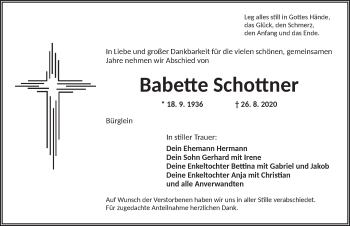 Traueranzeige von Babette Schottner von Ansbach