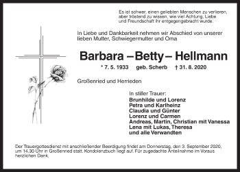 Traueranzeige von Barbara Hellmann von Ansbach