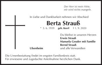 Traueranzeige von Berta Strauß von Neustadt/ Scheinfeld/ Uffenheim