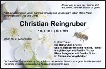 Traueranzeige von Christian Reingruber von Ansbach