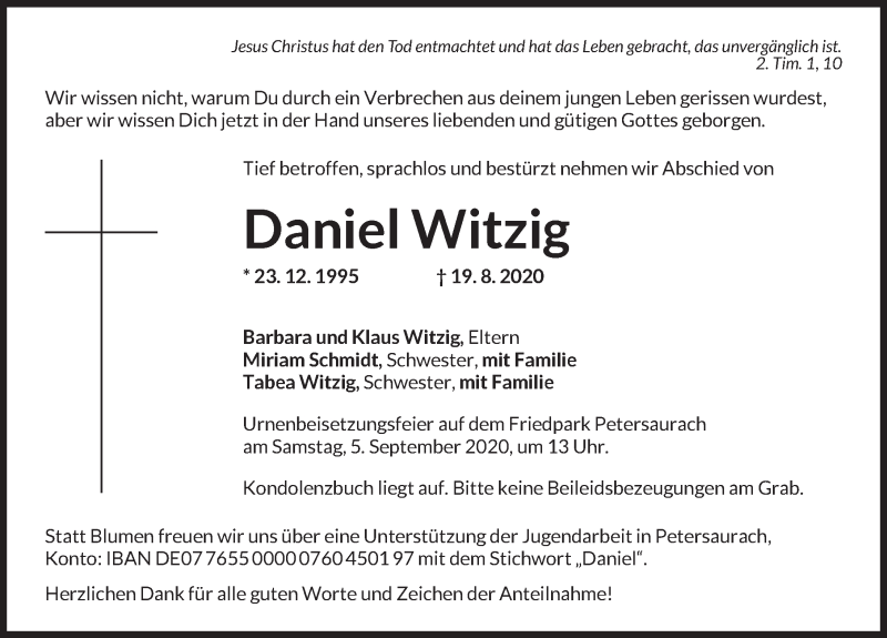  Traueranzeige für Daniel Witzig vom 03.09.2020 aus Ansbach