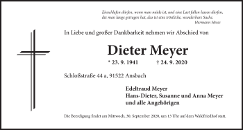 Traueranzeige von Dieter Meyer von Ansbach