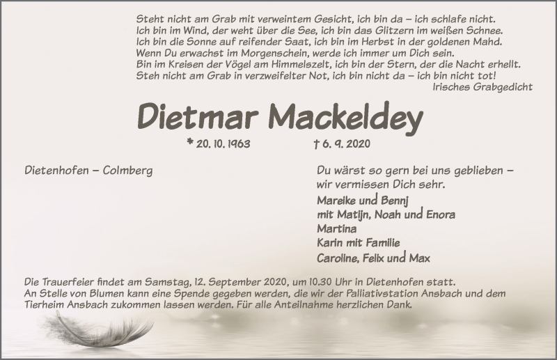  Traueranzeige für Dietmar Mackeldey vom 09.09.2020 aus Ansbach