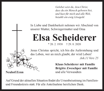 Traueranzeige von Elsa Scheiderer von Neustadt/ Scheinfeld/ Uffenheim