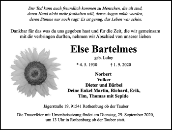 Traueranzeige von Else Bartelmes von Rothenburg