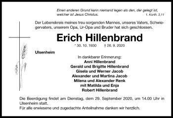 Traueranzeige von Erich Hillenbrand von Neustadt/ Scheinfeld/ Uffenheim