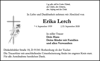 Traueranzeige von Erika Lerch von Rothenburg