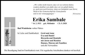 Traueranzeige von Erika Sambale von Neustadt/ Scheinfeld/ Uffenheim