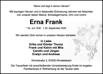 Traueranzeige von Erna Frank von Rothenburg