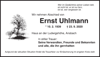 Traueranzeige von Ernst Uhlmann von Ansbach