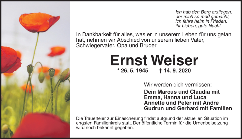  Traueranzeige für Ernst Weiser vom 19.09.2020 aus Ansbach