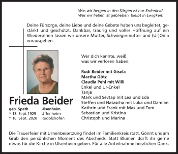 Traueranzeige von Frieda Beider von Neustadt/ Scheinfeld/ Uffenheim