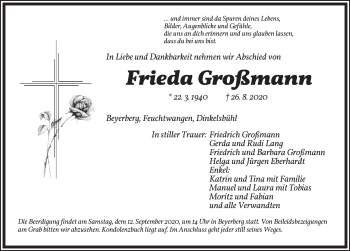 Traueranzeige von Frieda Großmann von Dinkelsbühl/ Feuchtwangen