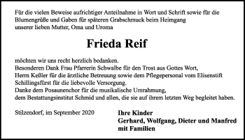 Traueranzeige von Frieda Reif von Rothenburg