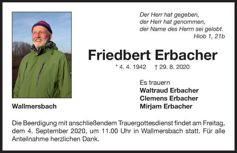  Traueranzeige für Friedbert Erbacher vom 03.09.2020 aus Neustadt/ Scheinfeld/ Uffenheim