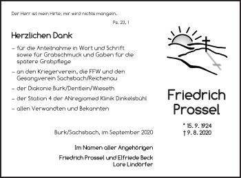 Traueranzeige von Friedrich Prossel von Dinkelsbühl/ Feuchtwangen