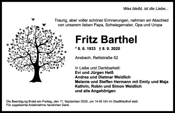 Traueranzeige von Fritz Barthel von Ansbach