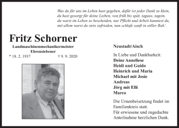 Traueranzeige von Fritz Schorner von Neustadt/ Scheinfeld/ Uffenheim