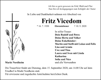 Traueranzeige von Fritz Vicedom von Neustadt/ Scheinfeld/ Uffenheim