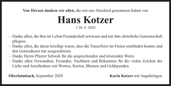 Traueranzeige von Hans Kotzer von Neustadt/ Scheinfeld/ Uffenheim