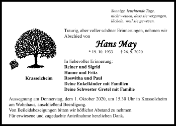 Traueranzeige von Hans May von Neustadt/ Scheinfeld/ Uffenheim