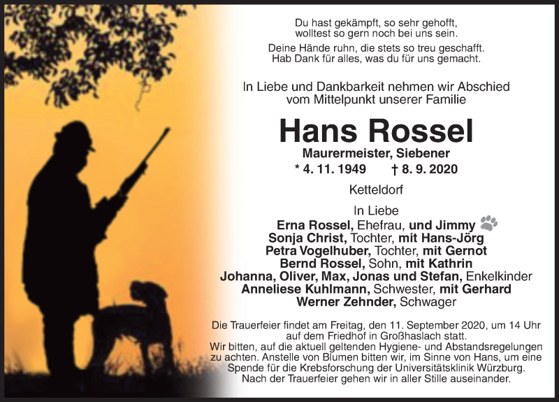  Traueranzeige für Hans Rossel vom 10.09.2020 aus Ansbach