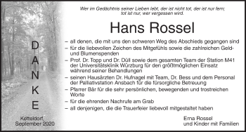 Traueranzeige von Hans Rossel von Ansbach