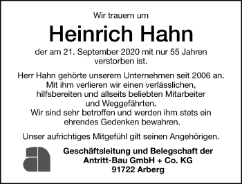 Traueranzeige von Heinrich Hahn von Ansbach